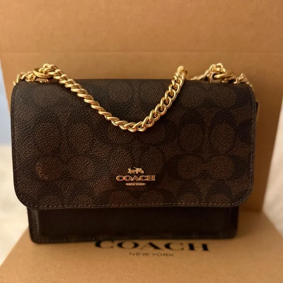 Coach Brown Signature Crossbody Bag with Gold Chain - Picture 1 of 10